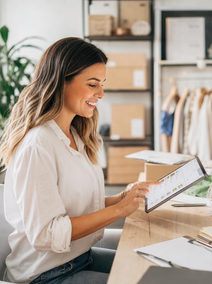 Smiling woman reviewing her Shopify store on an iPad