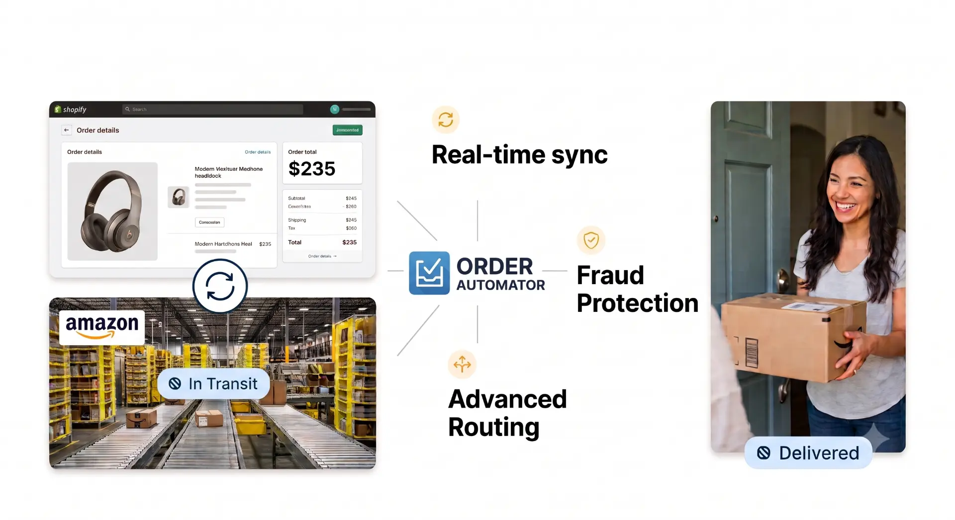 Shopify order details connecting to Amazon fulfillment through Order Automator with real-time sync, fraud protection, and advanced routing