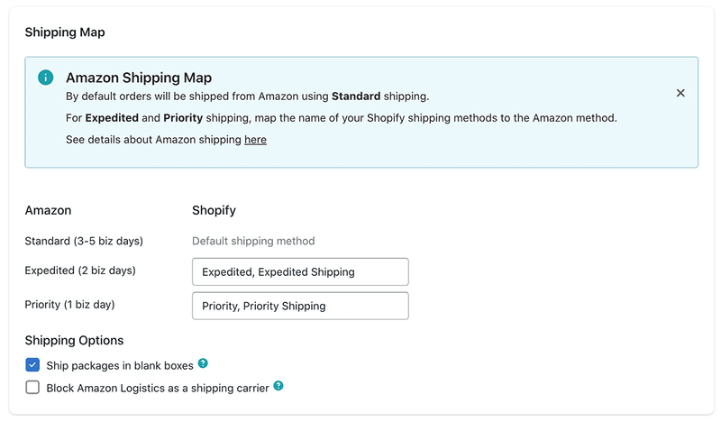 Shipping map for Shopify shipping methods on Amazon